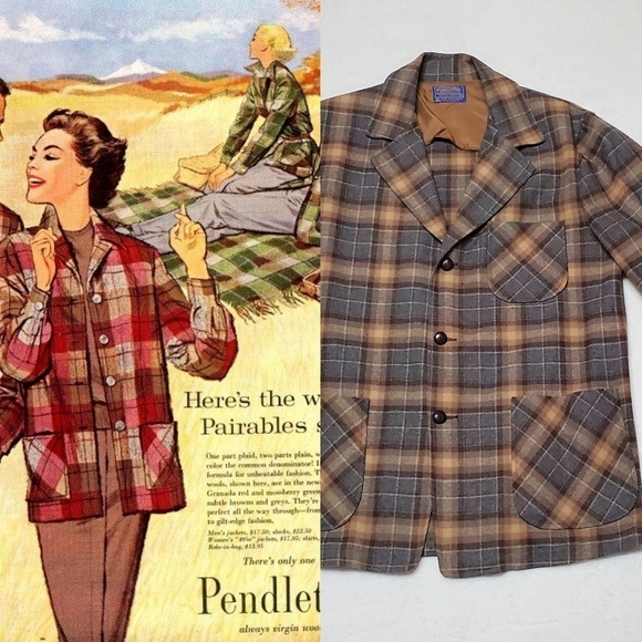 𝅺VINTAGE 1960s Pendleton Tan Grey Virgin Wool Lightweight Shirt Jacket Shacket M - Picture 1 of 14